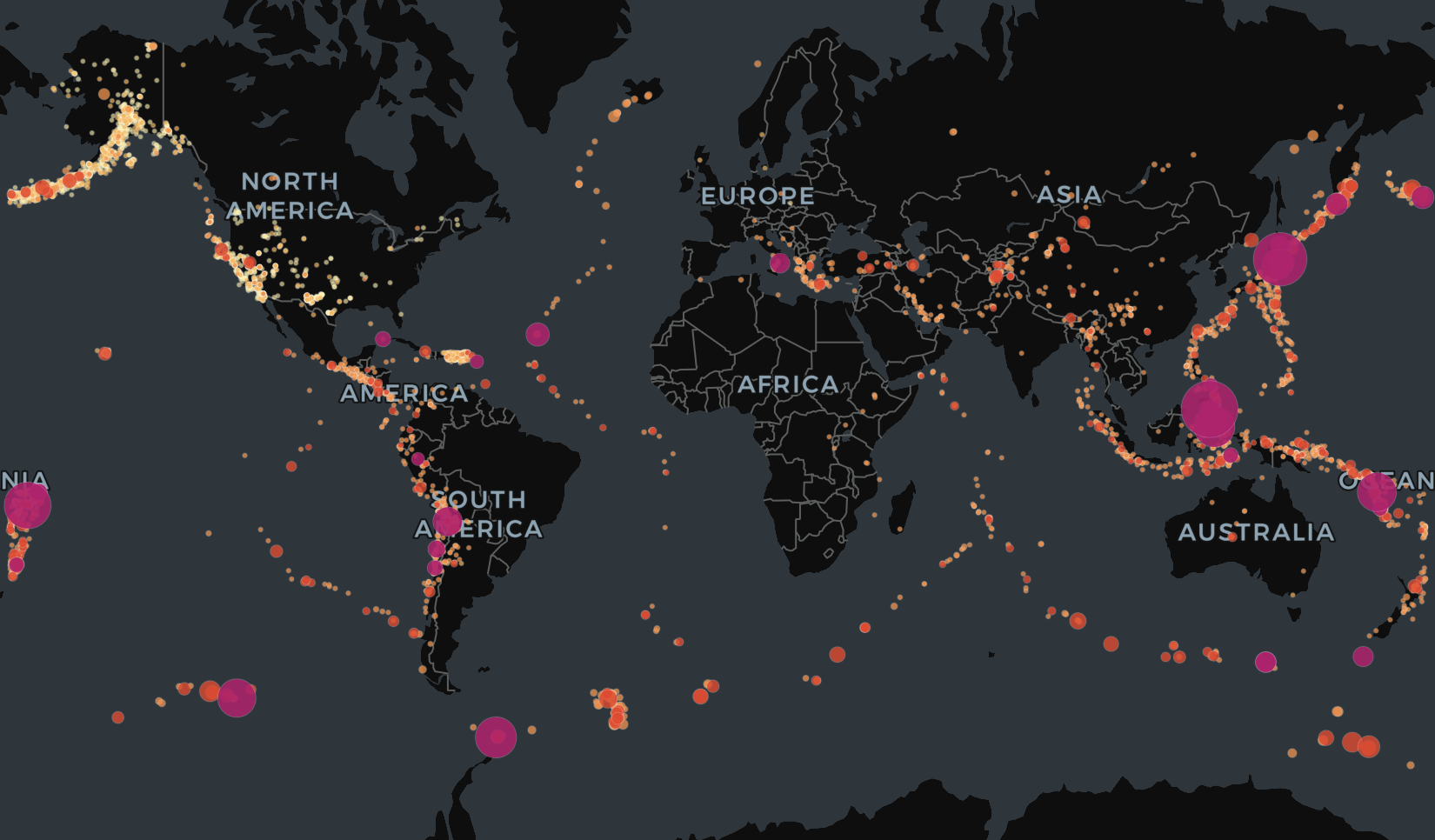 Interactive PyDeck world map of the last 90 days of earthquakes, with the Ring of Fire clearly visible and points sized and colored by magnitude.